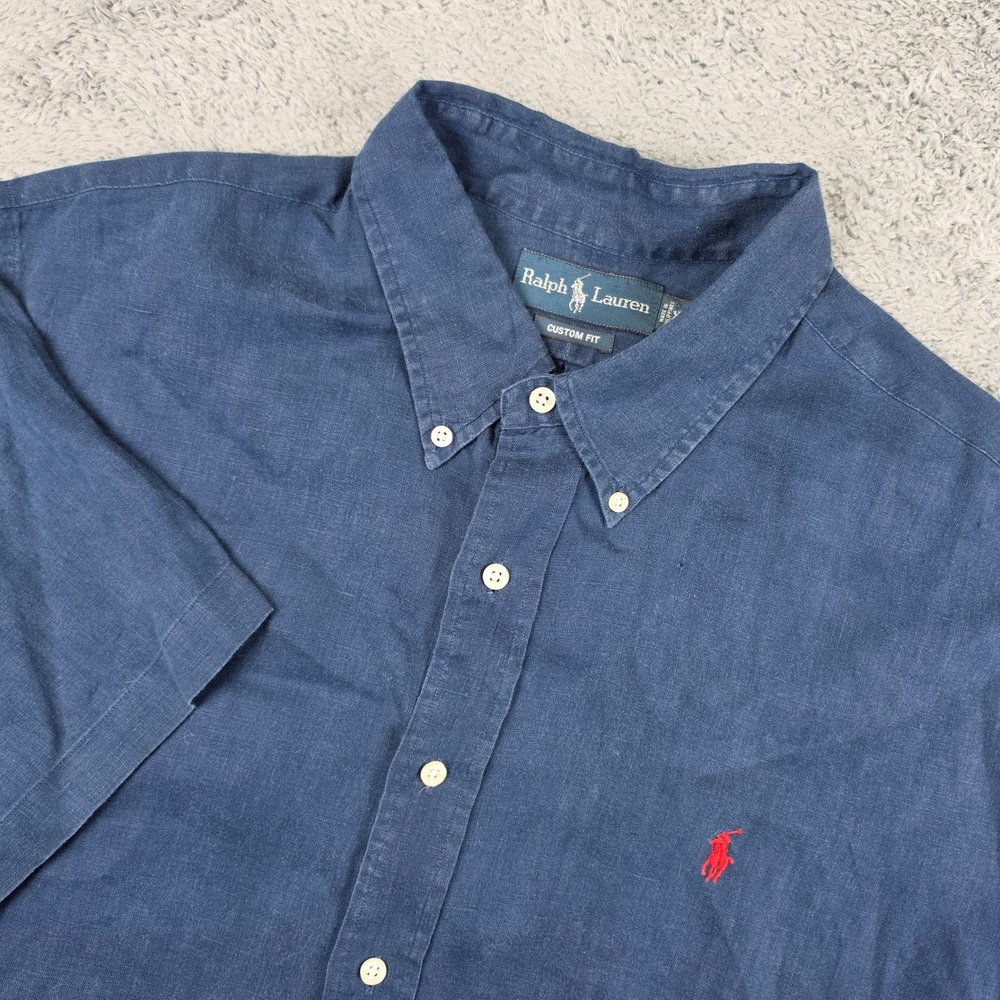 Ralph Lauren Linen Shirt Mens XXL Navy Blue Custom Fit Short Sleeve Pony Preppy